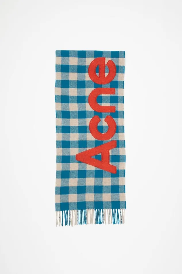 Acne Studios Check Logo Scarf Turquoise Blueorange Man Scarves