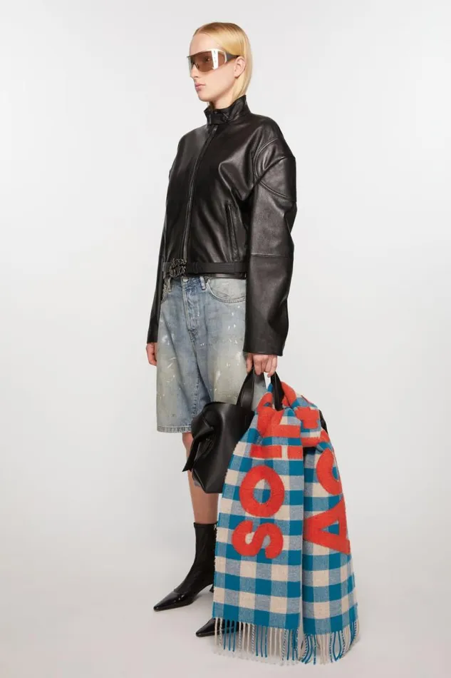 Acne Studios Check Logo Scarf Turquoise Blueorange Man Scarves