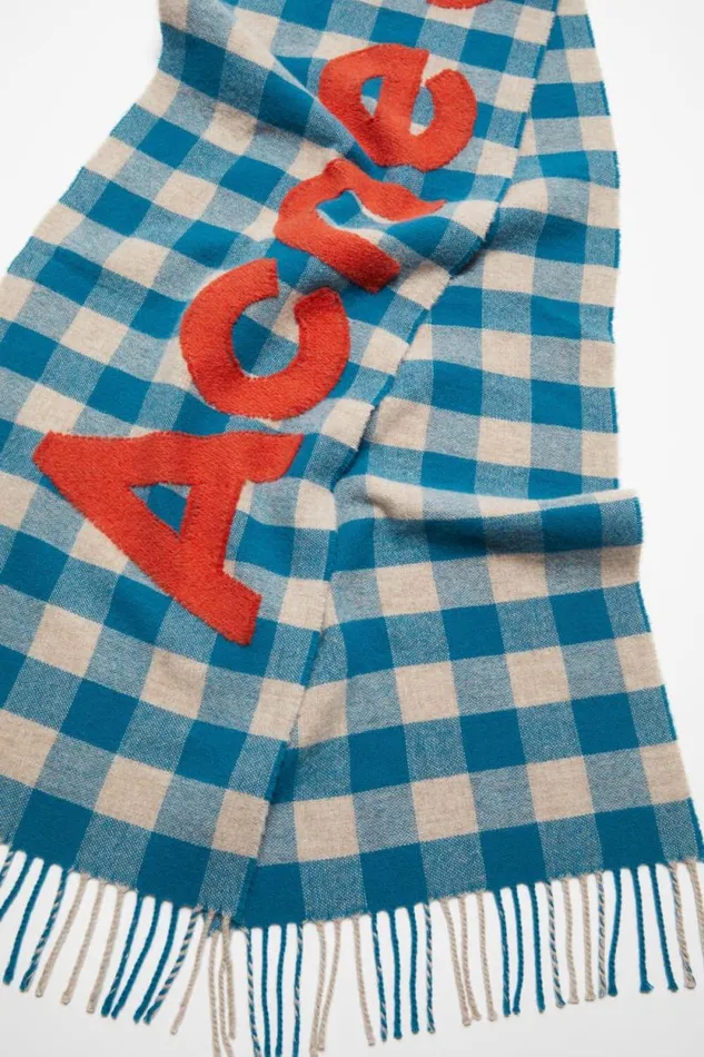 Acne Studios Check Logo Scarf Turquoise Blueorange Man Scarves