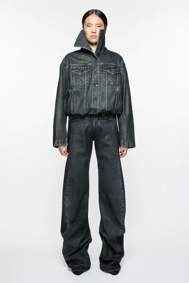 Acne Studios Coated Denim Jacket Blackmid Blue Woman Outerwear