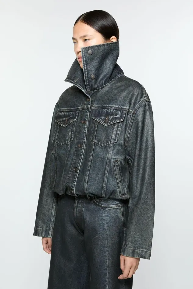 Acne Studios Coated Denim Jacket Blackmid Blue Woman Outerwear