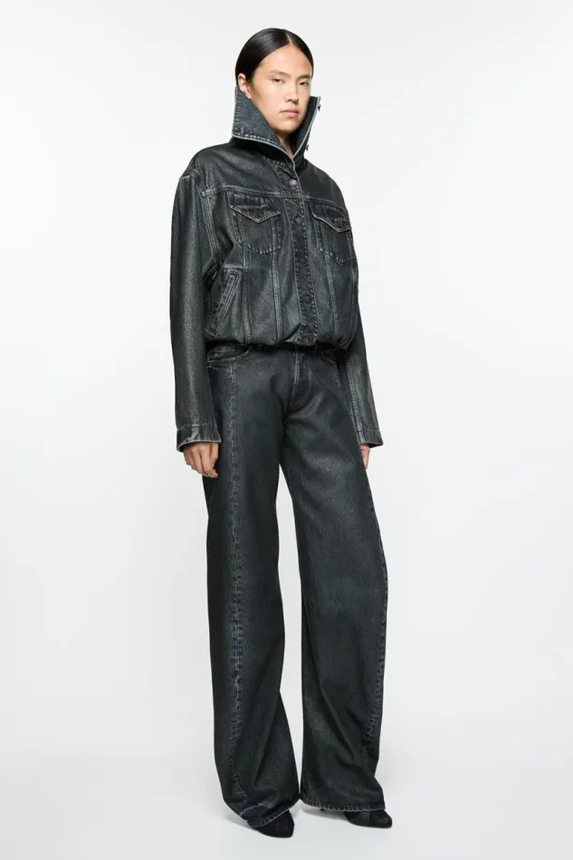 Acne Studios Coated Denim Jacket Blackmid Blue Woman Outerwear