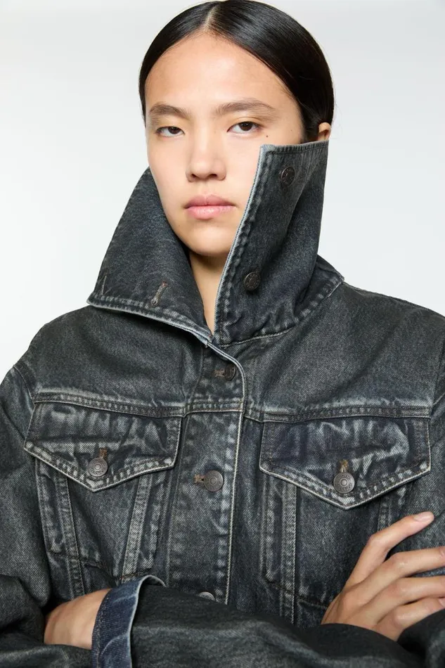 Acne Studios Coated Denim Jacket Blackmid Blue Woman Outerwear
