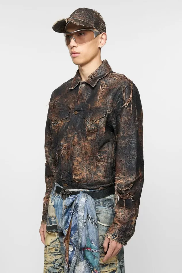 Acne Studios Distressed Monogram Denim Jacket 8211 Regular Fit Brown Man Outerwear