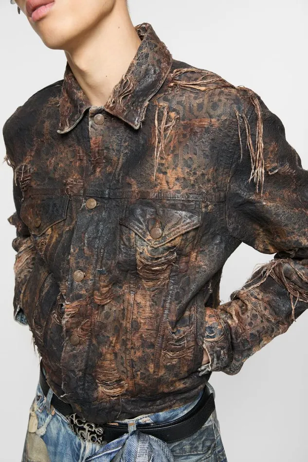 Acne Studios Distressed Monogram Denim Jacket 8211 Regular Fit Brown Man Outerwear