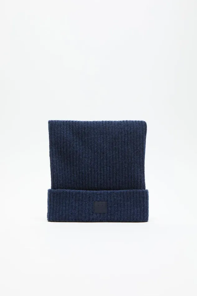 Acne Studios Face Logo Square Beanie Navy Melange Man Hats