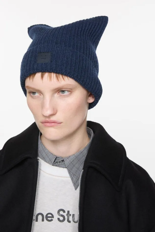 Acne Studios Face Logo Square Beanie Navy Melange Man Hats