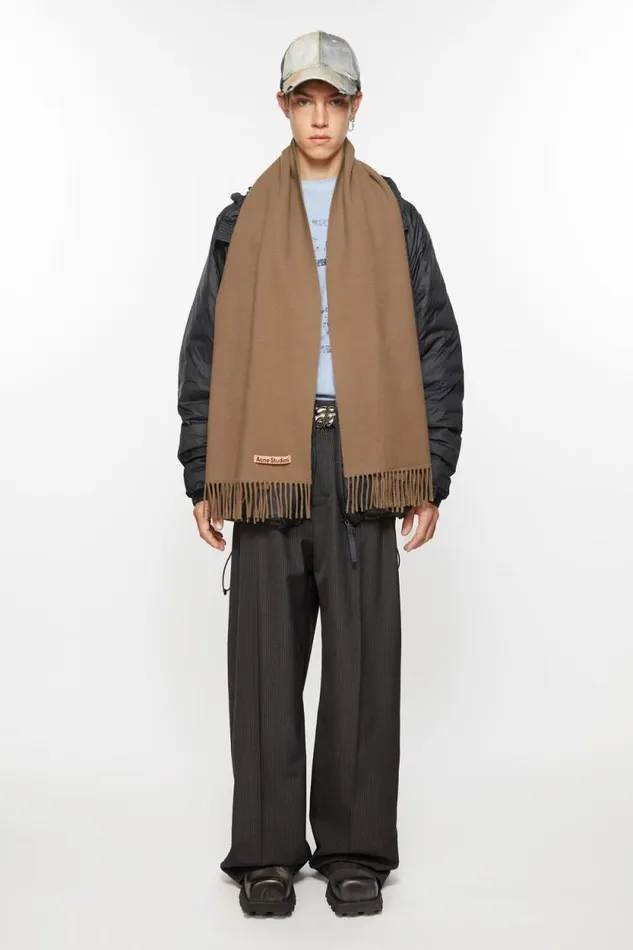 Acne Studios Fringe Wool Scarf Narrow Caramel Brown Man Scarves