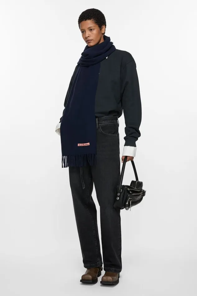 Acne Studios Fringe Wool Scarf Narrow Navy Blue Woman Scarves