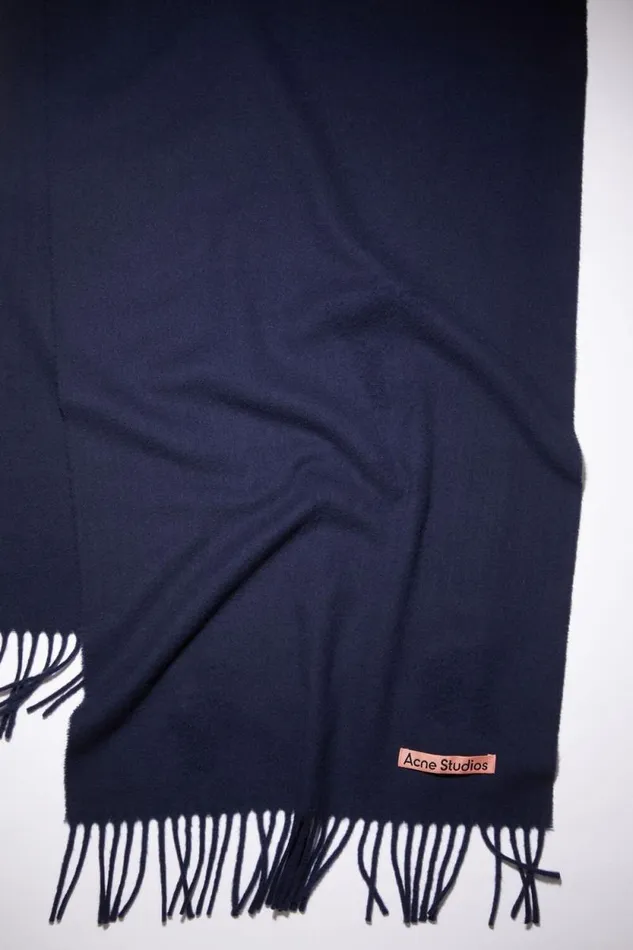 Acne Studios Fringe Wool Scarf Narrow Navy Blue Woman Scarves