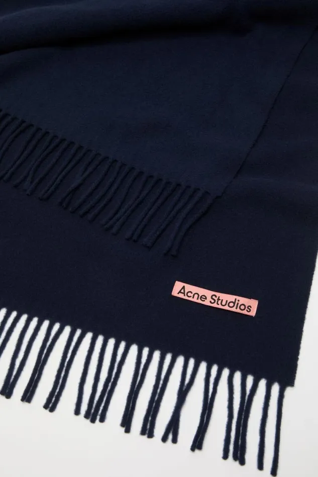Acne Studios Fringe Wool Scarf Narrow Navy Blue Woman Scarves