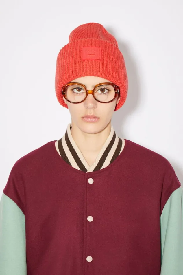 Acne Studios Large Face Logo Beanie Sharp Red Woman Hats