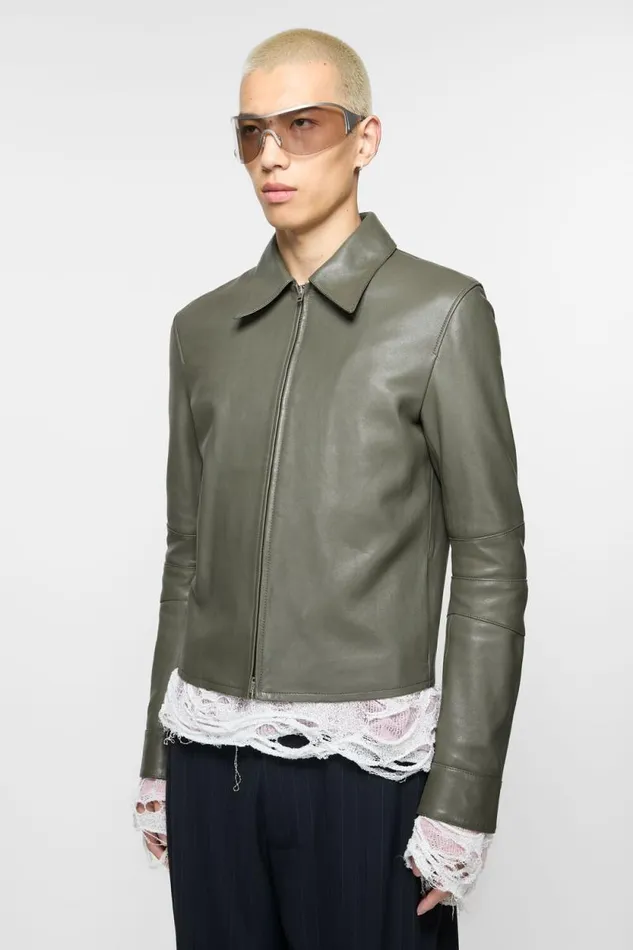 Acne Studios Leather Jacket Dusty Green Man Outerwear