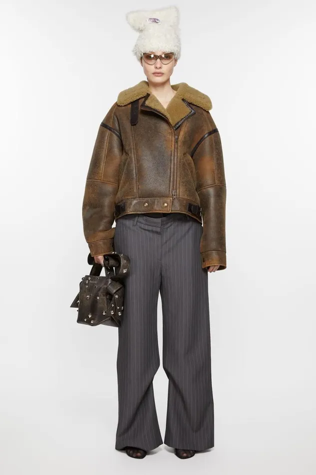 Acne Studios Leather Shearling Jacket Brown Woman Outerwear