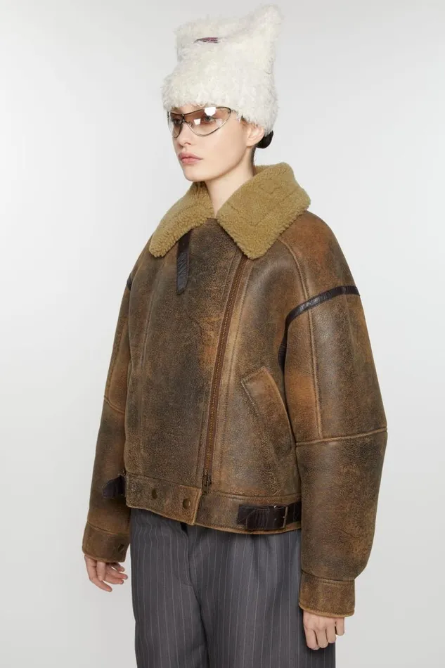 Acne Studios Leather Shearling Jacket Brown Woman Outerwear