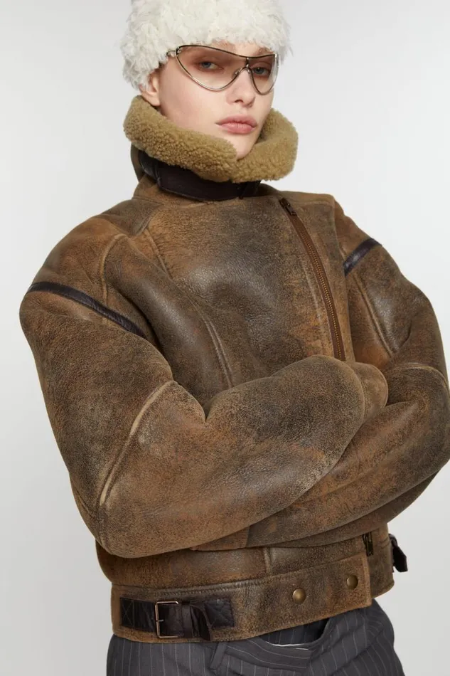 Acne Studios Leather Shearling Jacket Brown Woman Outerwear