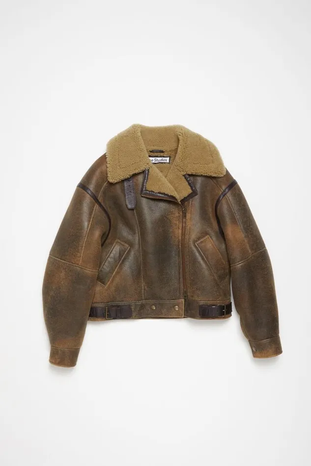 Acne Studios Leather Shearling Jacket Brown Woman Outerwear