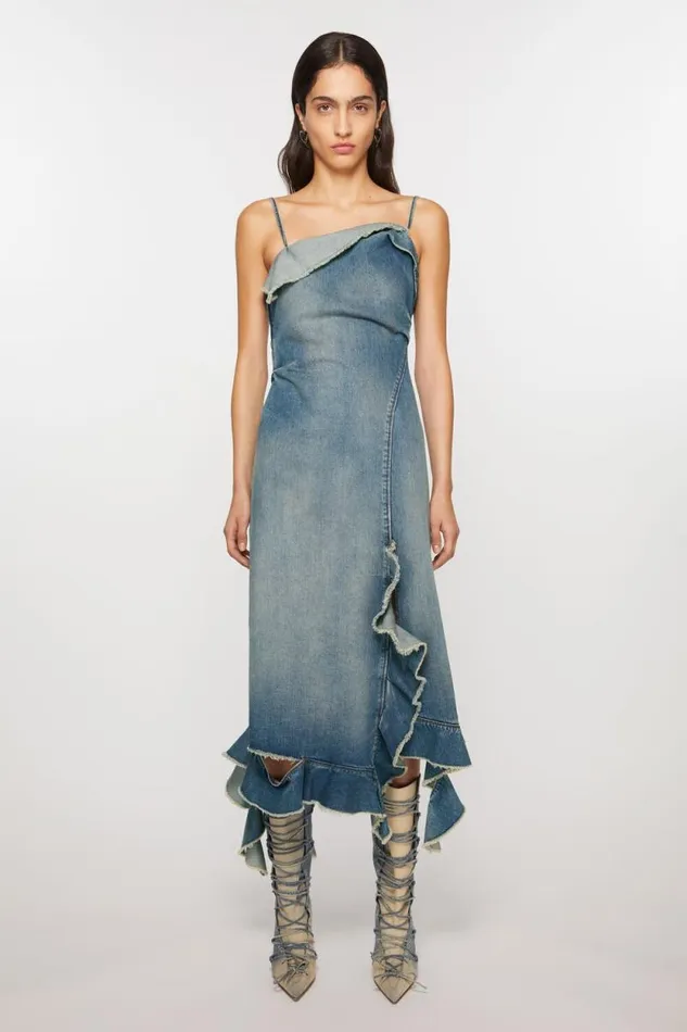 Acne Studios Ruffle Strap Denim Dress Mid Blue Woman Dresses