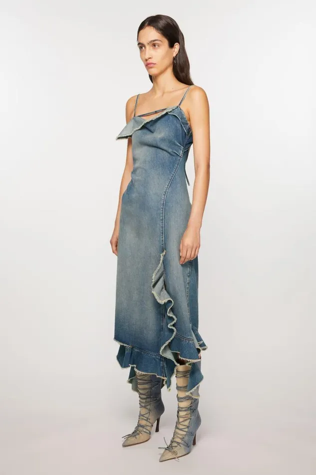 Acne Studios Ruffle Strap Denim Dress Mid Blue Woman Dresses