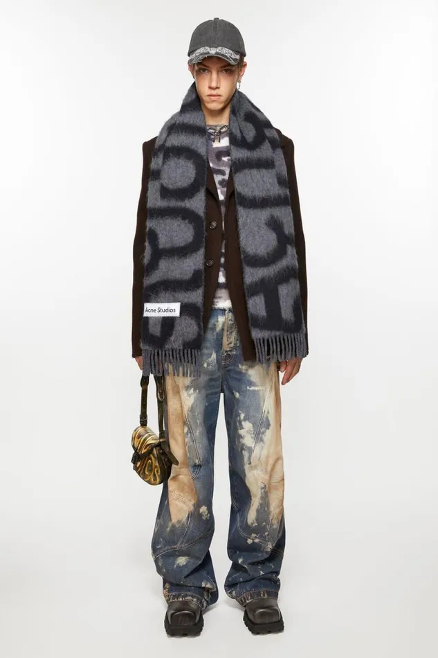 Acne Studios Scarf Wool Alpaca Logo Blackgrey Woman Scarves