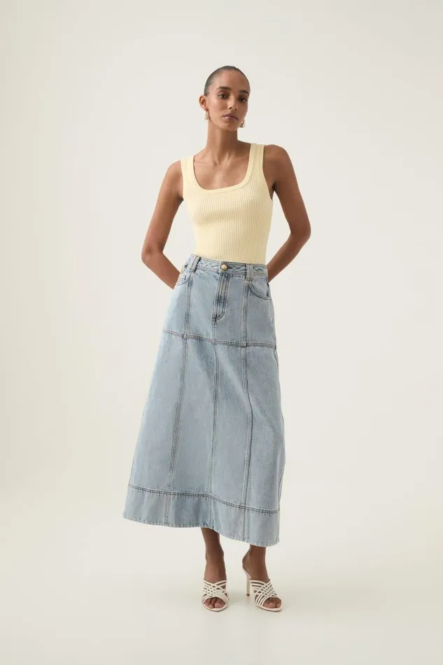 Aje Denim Aura Denim Midi Skirt Sea Spray Wash 8211 Women