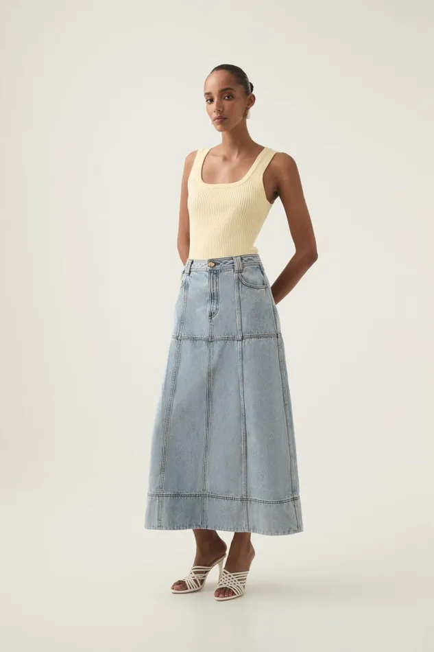 Aje Denim Aura Denim Midi Skirt Sea Spray Wash 8211 Women