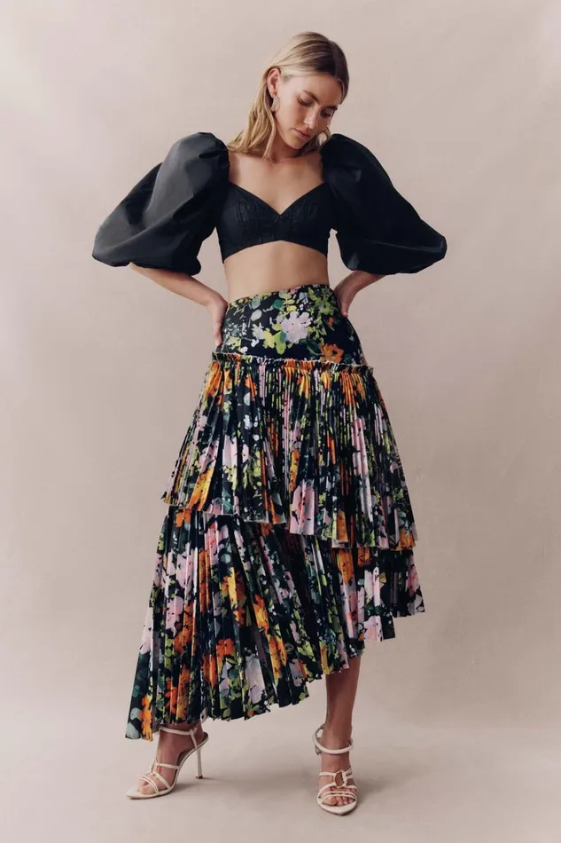 Aje Skirts Alice Pleated Asymmetric Midi Skirt Midnight Floral 8211 Women