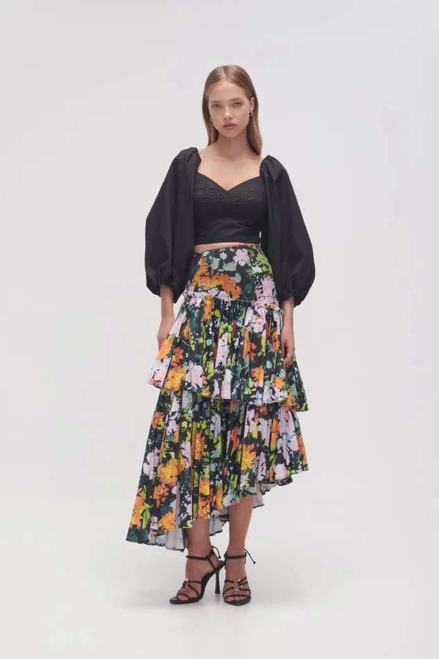 Aje Skirts Alice Pleated Asymmetric Midi Skirt Midnight Floral 8211 Women