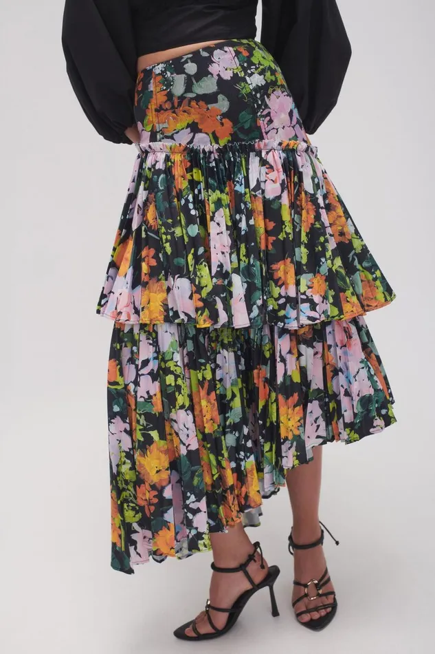 Aje Skirts Alice Pleated Asymmetric Midi Skirt Midnight Floral 8211 Women