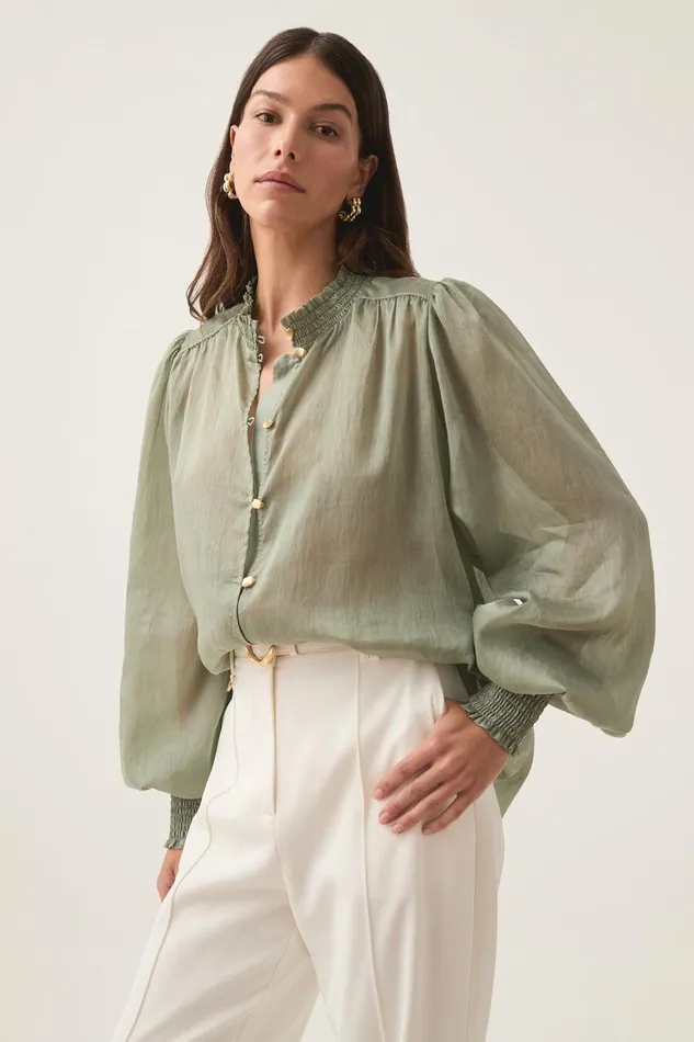 Aje Tops Athena Smocked Blouse Oak Moss 8211 Women Aje Tops Athena Smocked Blouse Oak Moss 8211 Women