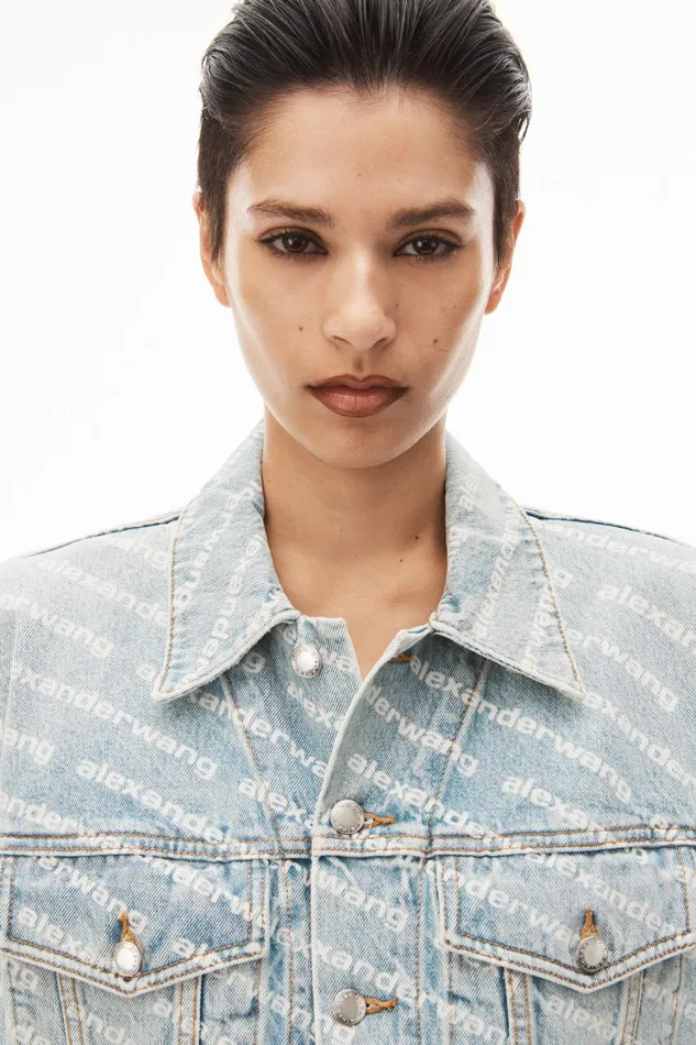 Alexander Wang Denim Women Falling Back Logo Jacket In Pebble Bleach Denim