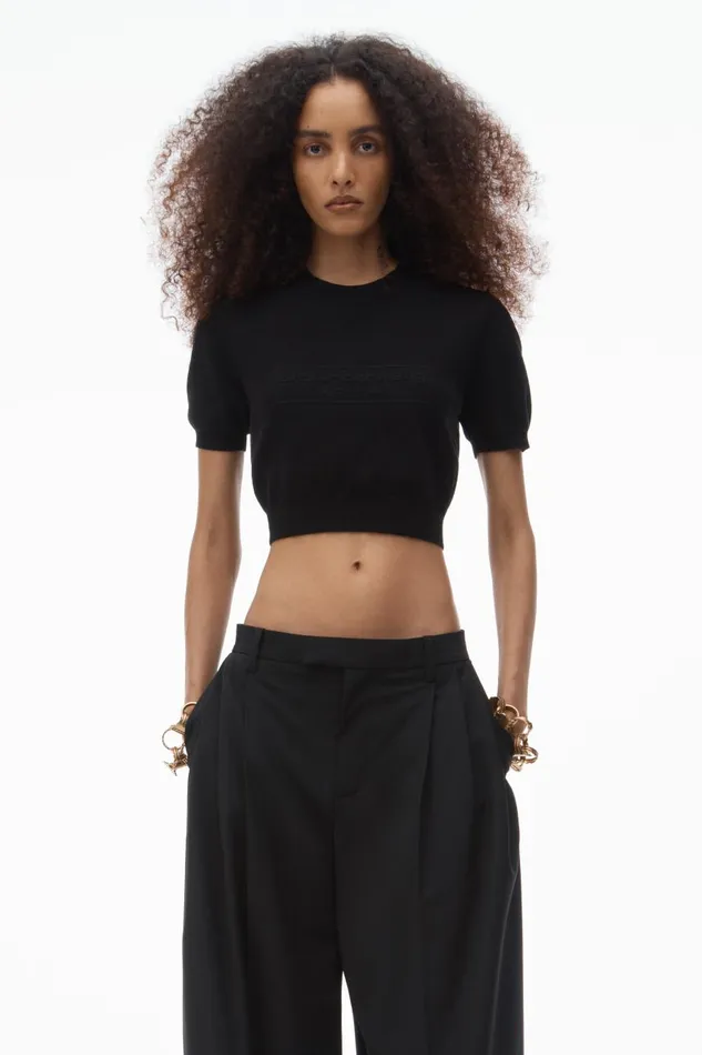 Alexander Wang Sweaters Women Logo Embossed Short Sleeve Ribbed Pullover In Soft Chenille
