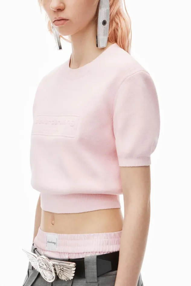 Alexander Wang Sweaters Women Logo Embossed Short Sleeve Ribbed Pullover In Soft Chenille