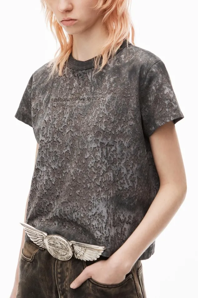 Alexander Wang TShirts Women Logo Embossed Splatter Wash Shrunken Tee In Cotton Hemp Jersey