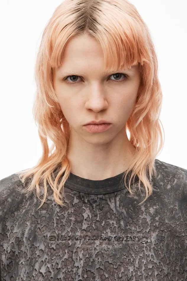 Alexander Wang TShirts Women Logo Embossed Splatter Wash Shrunken Tee In Cotton Hemp Jersey