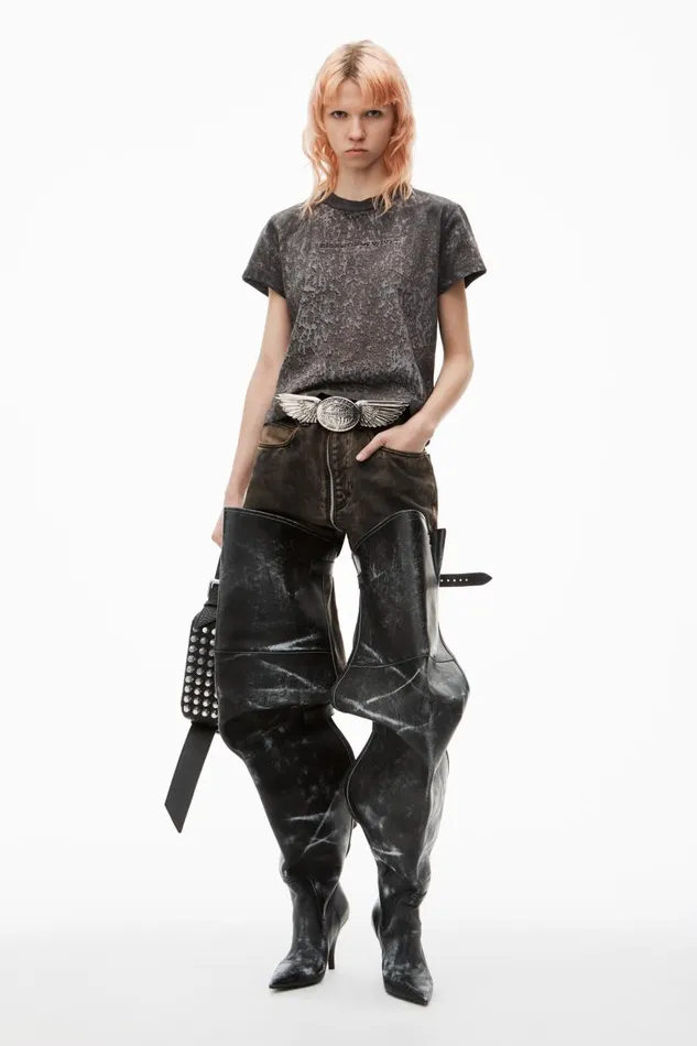 Alexander Wang TShirts Women Logo Embossed Splatter Wash Shrunken Tee In Cotton Hemp Jersey