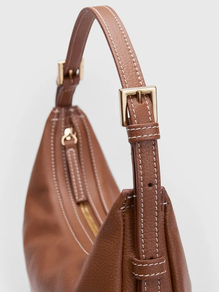 ATP Atelier Shoulder Bags Liveri BrandyContrast Stitch Grained Leather Small Hobo Bag Brandycontrast Stitch 8211 Women