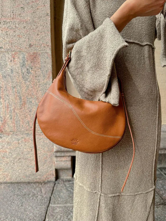 ATP Atelier Shoulder Bags Liveri BrandyContrast Stitch Grained Leather Small Hobo Bag Brandycontrast Stitch 8211 Women