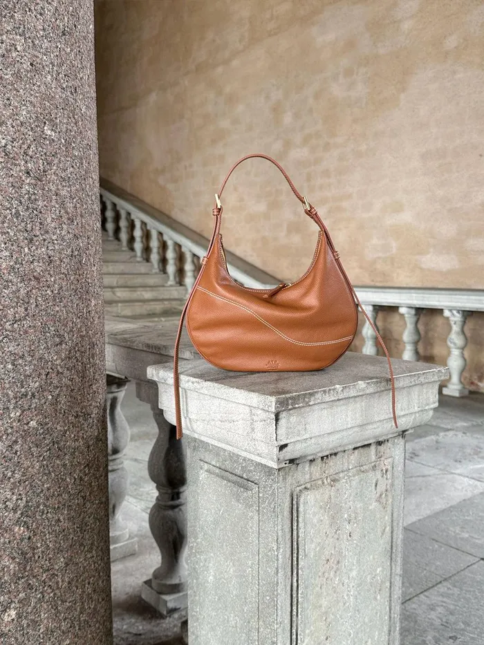 ATP Atelier Shoulder Bags Liveri BrandyContrast Stitch Grained Leather Small Hobo Bag Brandycontrast Stitch 8211 Women
