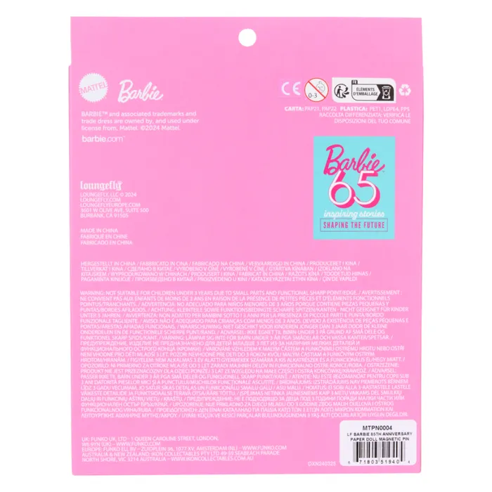 Barbie 65th Anniversary Paper Doll Magnetic Pin Set Unisex Loungefly Enamel Pins