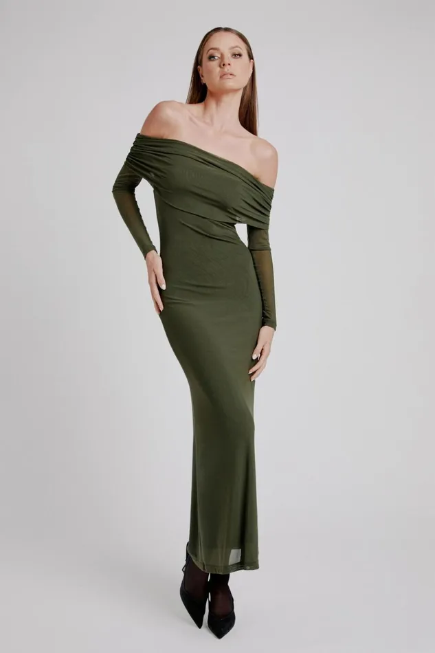 Bardot Day To Night Dresses Saphia Mesh Maxi Dress In Khaki 8211 Women