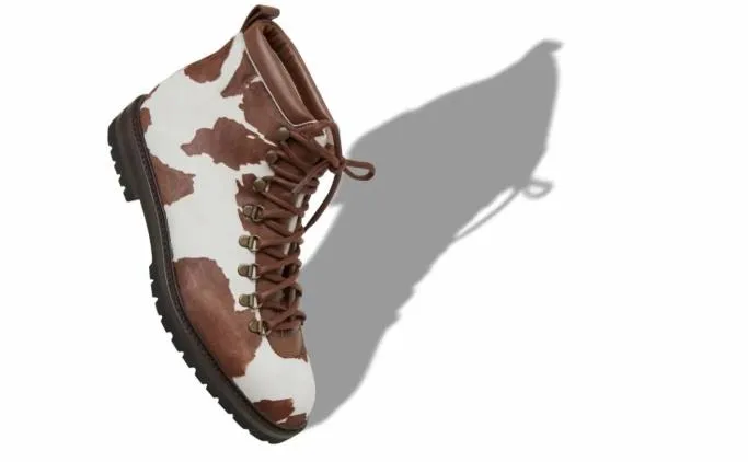Boots Men Manolo Blahnik CALAURIOBrown And White Calf Hair Lace Up Boots