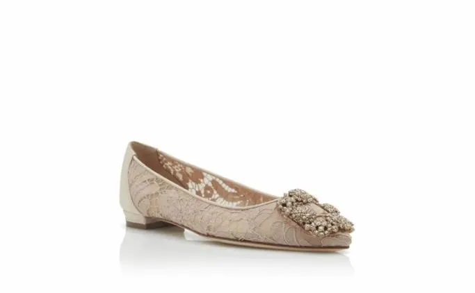 Bridal Shoes Women Manolo Blahnik HANGISIFLAT LACEPink Champagne Lace Jewel Buckle Flat Pumps Bridal Shoes Women Manolo Blahnik HANGISIFLAT LACEPink Champagne Lace Jewel Buckle Flat Pumps