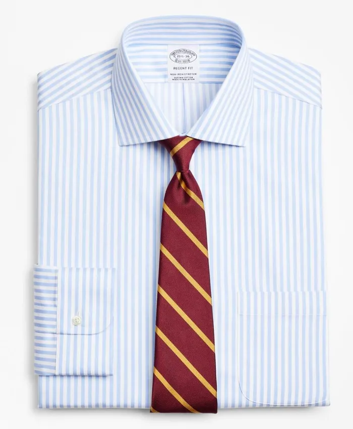 Brooks Brothers Dress Shirts Stretch Regent Fitted Dress Shirt NonIron Twill English Collar Bold Stripe Light Blue 8211 Men