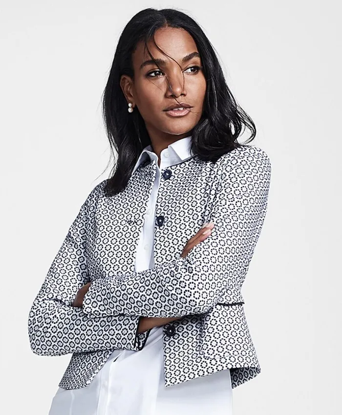 Brooks Brothers Petites Petite Floral Jacquard Cropped Jacket Navy 8211 Women