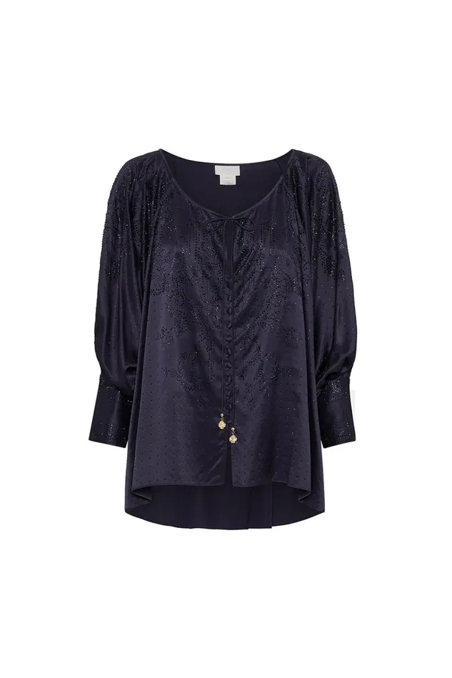 Camilla Modest Clothing Women Raglan Sleeve Button Up Top Luxe Navy