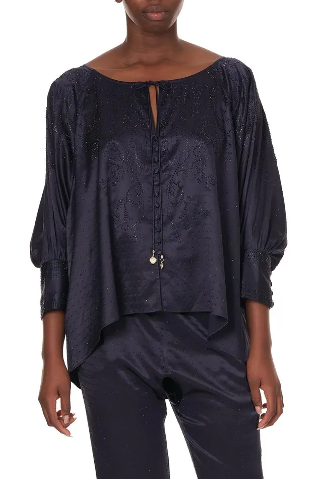 Camilla Modest Clothing Women Raglan Sleeve Button Up Top Luxe Navy