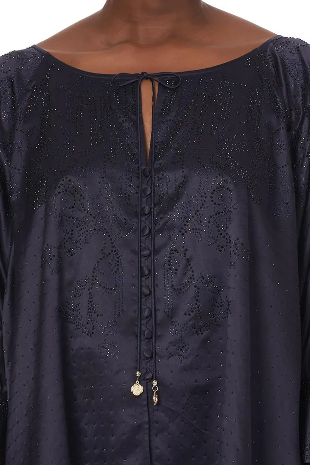 Camilla Modest Clothing Women Raglan Sleeve Button Up Top Luxe Navy