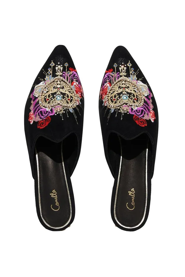 Camilla Shoes Women Embroidered Slipper Solid Black