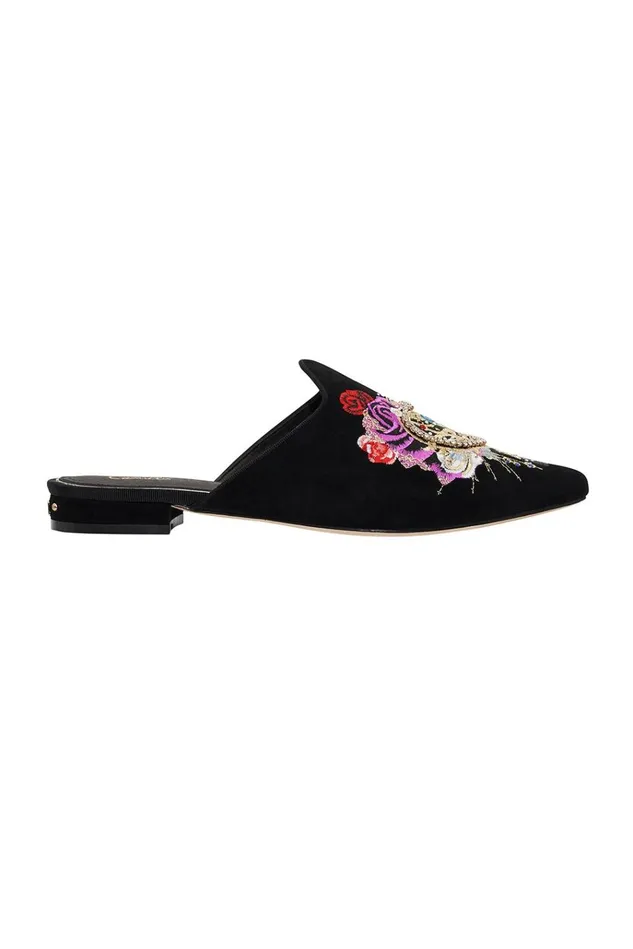 Camilla Shoes Women Embroidered Slipper Solid Black